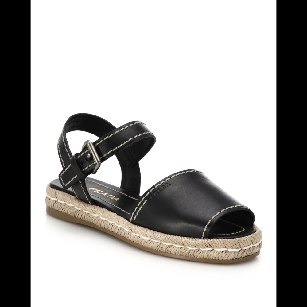 Prada Espadrille Sandlas Black Leather Ankle Strap